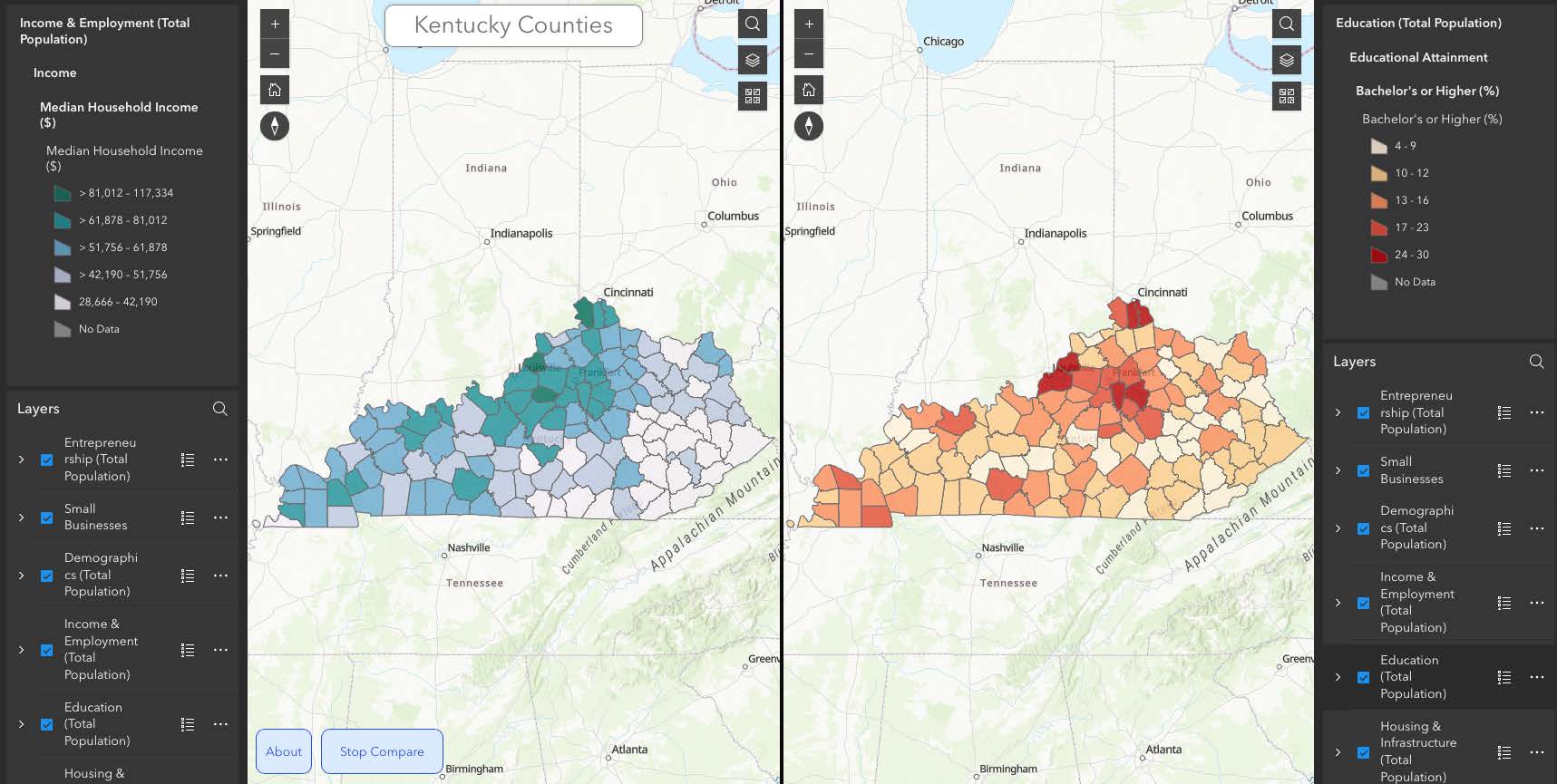 Median Household Income Vs. Bachelor’s Degree and Higher map 