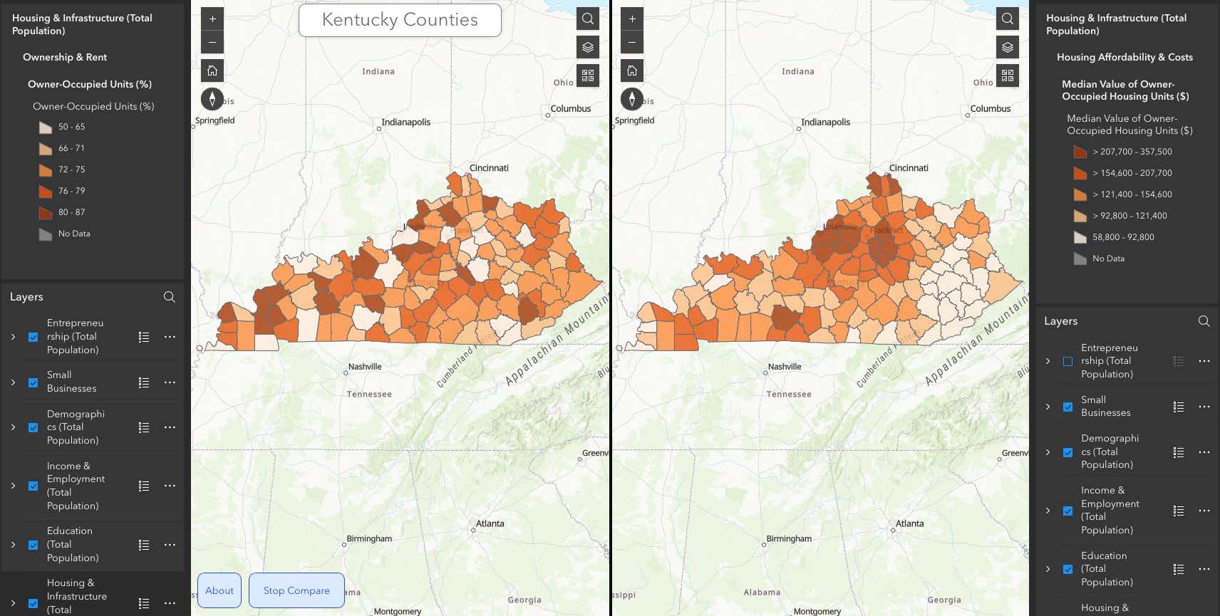 Percentage of Owner-Occupied Units Vs. Median Value of Owner-Occupied Housing Units map