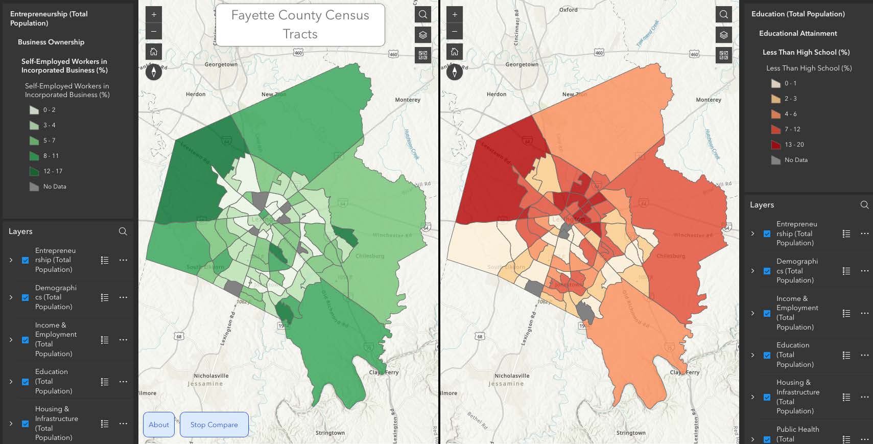 Self-Employed Workers in Incorporated Business (%) Vs. Less Than High School (%) map