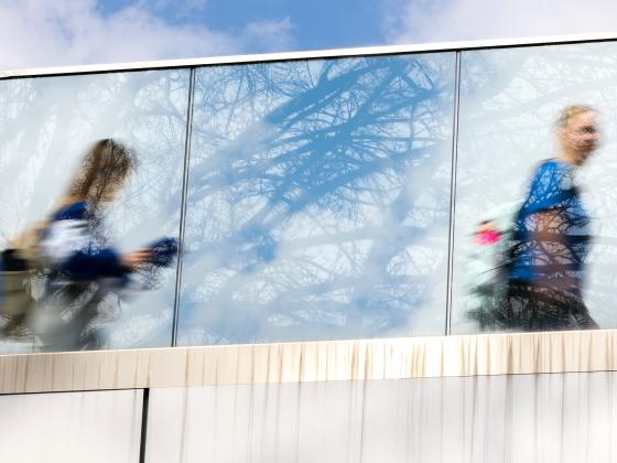 Reflections of students in a window 